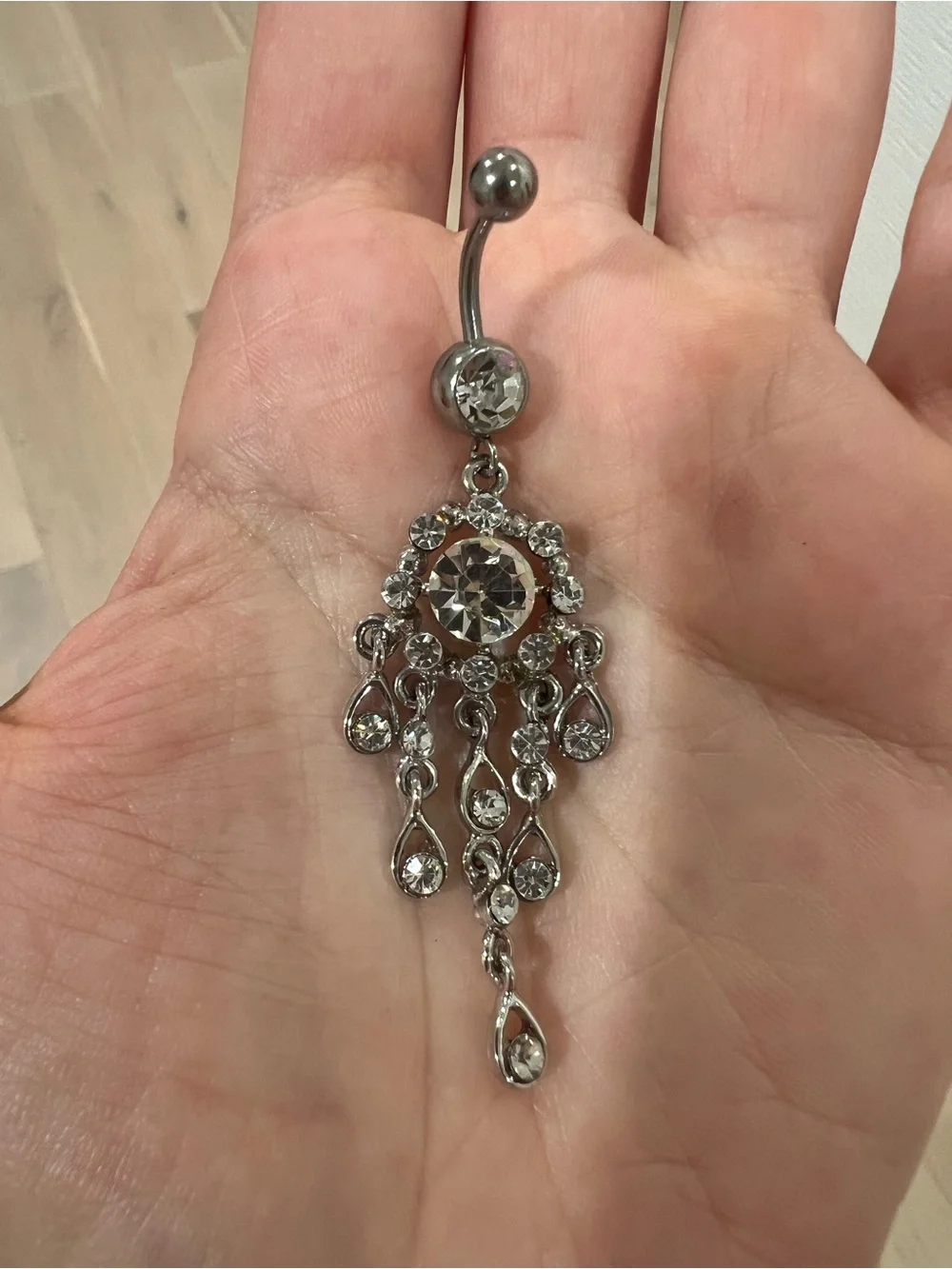 Silver Crystal Dangle Belly Button Ring - Clear Rhinestones